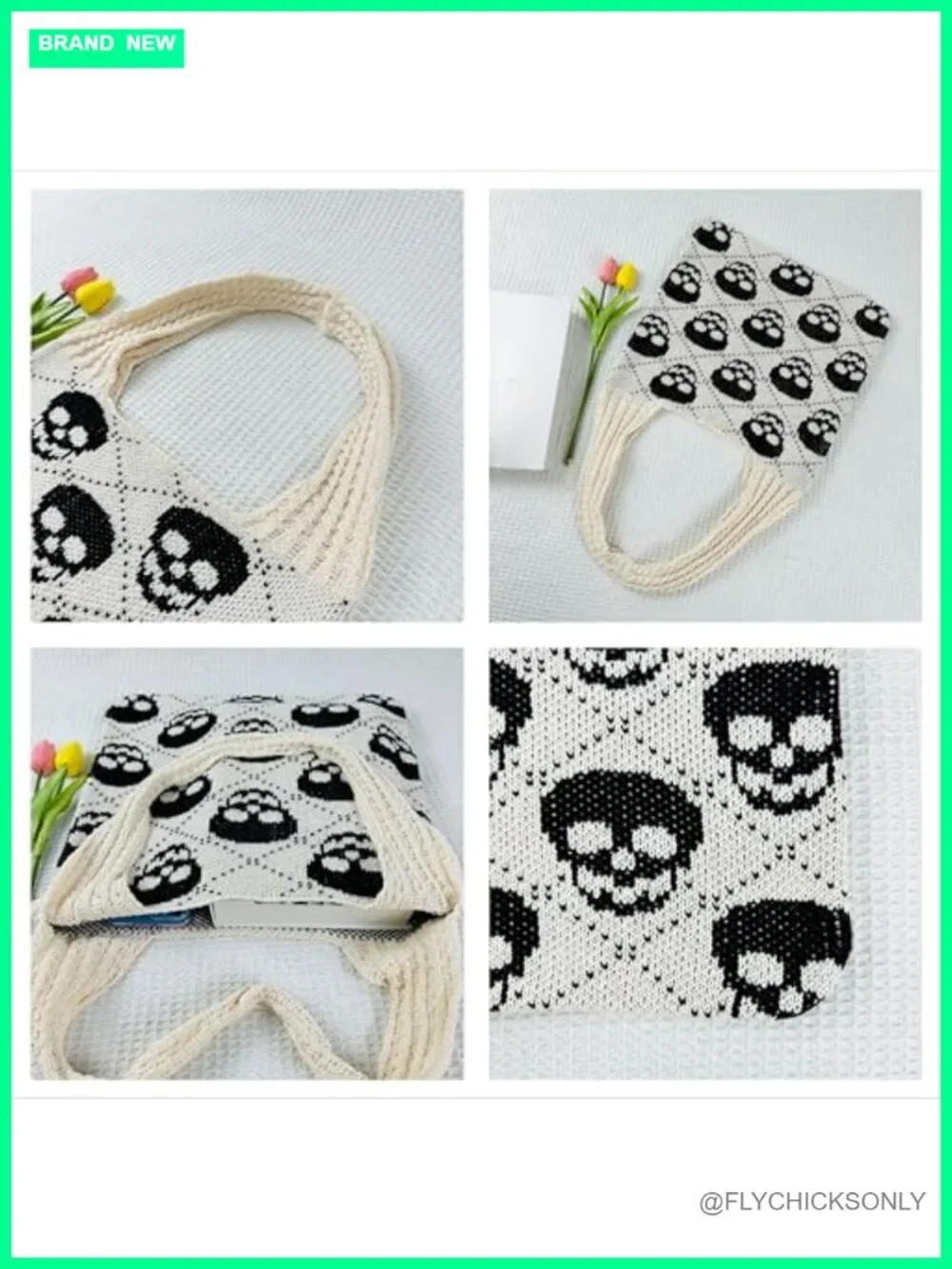 Gothic Skull Pattern Knit Tote Bag Crochet Hobo Shoulder Handbag Y2k